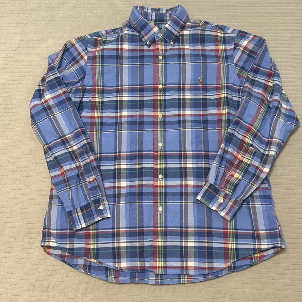 Polo Ralph Lauren Oxford Shirt Mens XL Plaid Long Button Green Blue Colorful